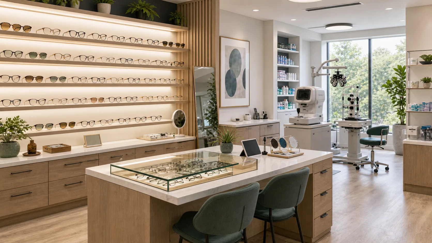 Modern optometry exam room and optical retail display